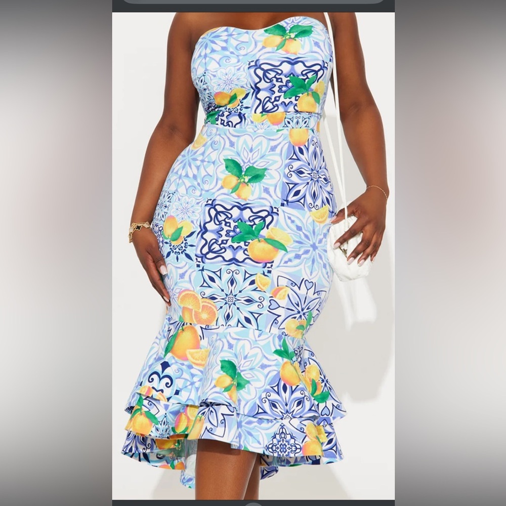 Fashion Nova Blue and Yellow Floral Midi Dress